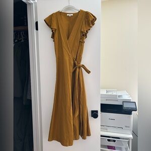 Madewell Mustard Linen Wrap Maxi Dress with Ruffle Sleeves
